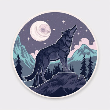 Majestic Wolf's Moonlit Howl: Expressive Sticker Art with Realism & Abstract Allure. Generative AI.