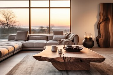 Living room with large wooden coffee table and couch at sunset.