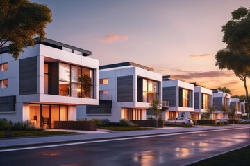 Modern row houses with large windows in a residential area.