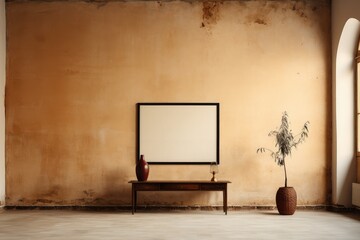 Wooden antique table, vase and beige old wall with empty frame for poster mockup. Generative AI