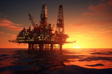 Fototapeta na wymiar Oil platform in the middle of the ocean at sunset.