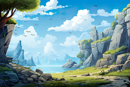 2D abstract rocky cliff background environment for adventure or battle mobile game. Cartoon style of rocky cliffside plants in game art background environment.