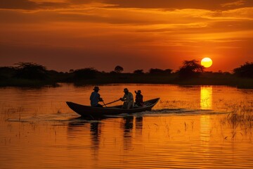 Naklejka na ściany i meble People rowing a canoe down a lake at sunset.