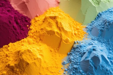 A variety of colorful powders in boxes - close up view.