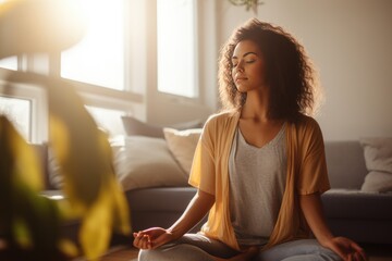 Woman meditating in front of plant in living room.