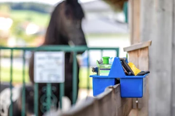 Foto op Plexiglas Focus on a horse groom box at a horse barn paddock in summer outdoors. A black horse is seen in the background. Text space © Annabell Gsödl