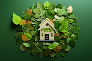 The idea of a green tax credit is represented by an image of a small house surrounded by coins and adorned with green leaves.