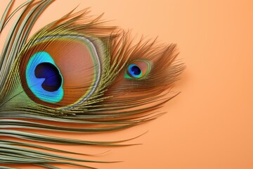 Peacock feather close-up on a beige background. Birth of Krishna. Generative AI