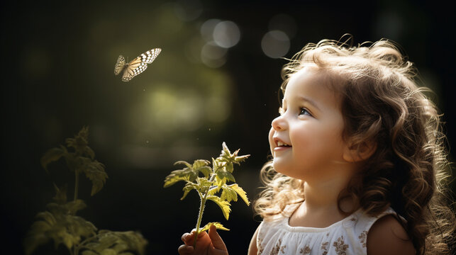 A Small Child Looking at A Butterfly
