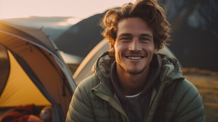 Portrait of smiling Hiker man with mountain peaks on background with trekking poles. Base Camp trekking route.