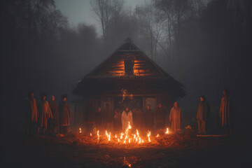 Mystical Cult Gathering: Flames Dance in Abandoned Woods