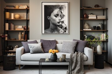 An actual photograph captures the presence of a contemporary artwork displayed on a shelf above a grey sofa adorned with pillows featuring intricate patterns. These elements are showcased in a well