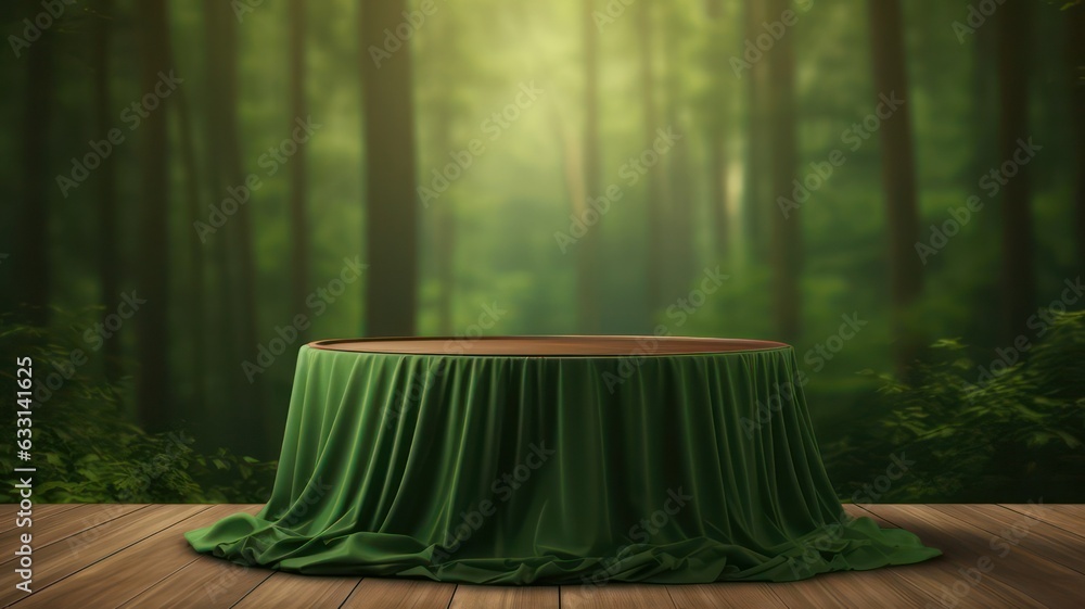 Aufkleber empty round wooden table and green curtain in green forest background, product display template crea