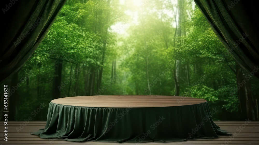 Poster empty round wooden table and green curtain in green forest background, product display template crea