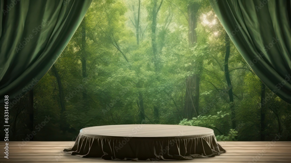 Poster empty round wooden table and green curtain in green forest background, product display template crea