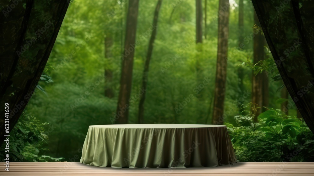 Poster empty round wooden table and green curtain in green forest background, product display template crea
