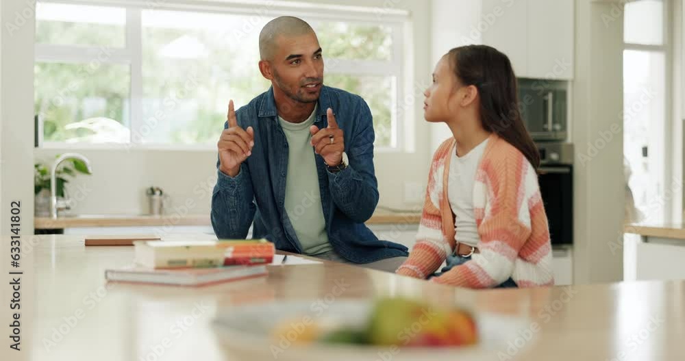 Poster math homework, dad helping child in kitchen with notes for project, support in learning and educatio
