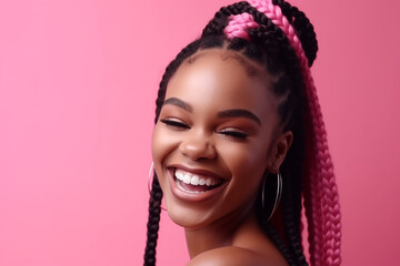 Smiling young afro-american woman with pink braids on the pink background. Generative AI - obrazy, fototapety, plakaty