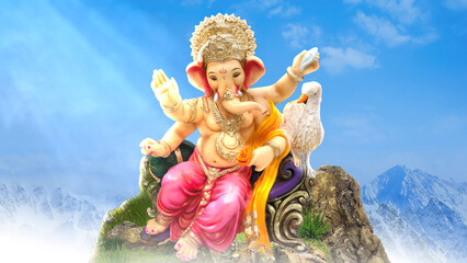 Obraz na płótnie Canvas Ganesh Illustration of colorful hindu lord Ganesha on decorative background- Graphical poster modern art 3D wallpaper