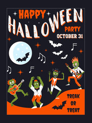 Happy Halloween Card Flyer with Dancing Monsters