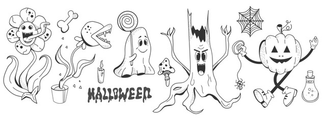 Groovy set of elements for Halloween in retro cartoon style. Cute pumpkin and ghost hold sweet. Flowers monster with teeth