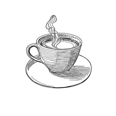 cup of coffee or tea ink contour drawing black and white