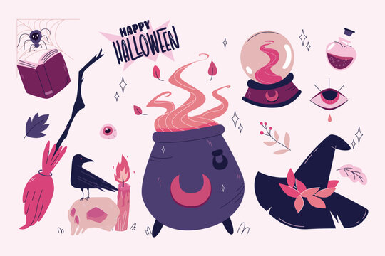 Halloween Elements Set trendy illustration. Cute cartoon spooky characters elements. cute Halloween icons: spellbook, spider, witch hat, broom, eye, glass ball, cauldron, raven, skull,candle, poison