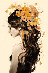 Illustration featuring a woman with long flowing hair adorned with an array of vibrant flowers