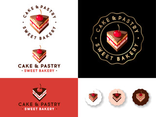 Fototapeta premium Cake and pastry emblem. illustration. Baking and sweets. A piece of cake with biscuit, cream, chocolate, syrup and cherry.