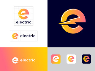 
Electric Industrial icon. Power industry symbol. Yellow E letter with lightning.