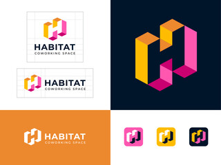 Habitat logo. Letter H of impossible shape. Yellow-pink H monogram. Identity.  Web buttons. 
