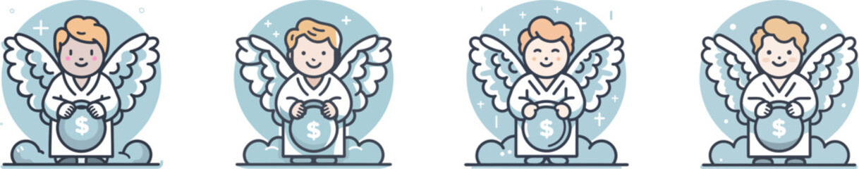 Cute angel with a bag of dollars. money bag angel with wings vector. cartoon character. Vector drawing. Cute angel. Line drawing.