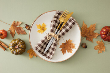 Autumn decor concept for your table. Top view photo of plate, cutlery, napkin, tablecloth, bright pumpkins, cinnamon sticks, acorns, autumn leaves on olive background