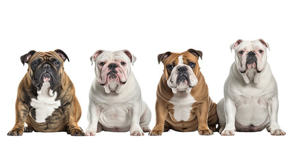 English Bulldog dogs looking at the camera isolated on transparent background