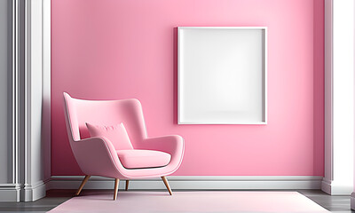 Pink room with armchair and a blank white frame on the wall for mockup.