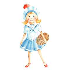 Cute little sailor girl in a marine dress with sea shell. Watercolour nautical illustration for children. Hand painted on white background. For children's t-shirt prints, fashion design, baby clothing