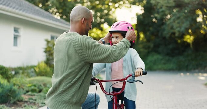 Father, Daughter And Help With Helmet, Bicycle And Safety With Support, Motivation And Outdoor For Goal. Dad, Girl Child And Together In Street With Bike, Learning And Care With Love, Bonding Or Game