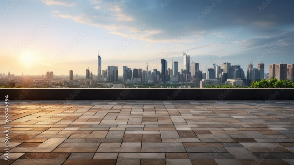 Poster empty brick floor on the rooftop with cityscape and skyline of modern city background created with g