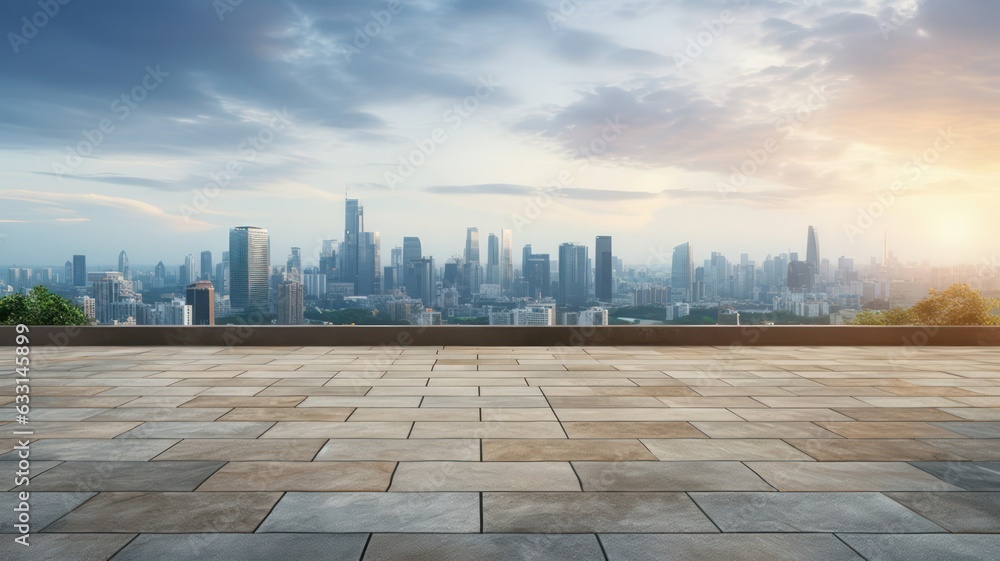 Poster empty brick floor on the rooftop with cityscape and skyline of modern city background created with g