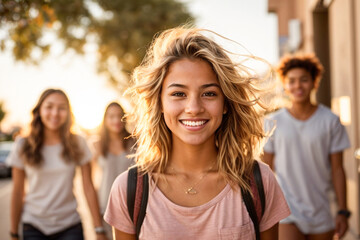 Obraz premium woman leisure adult young smiling sun city sunny day sunset beautiful cheerful enjoy a walk walking with friends outdoor activity in the city, portrait, happy, fashion, outside, having fun, lifestyle