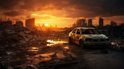 Apocalyptic Sunset Over Destroyed City with Car Wreck. Generative ai