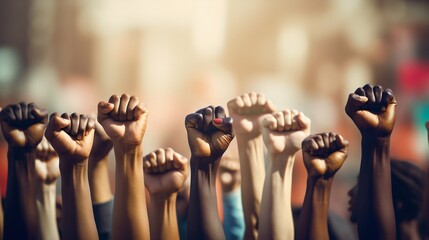 People's Hands Raised with Clenched Fists. Human Rights, Feminism, Equality Concept. Generative ai
