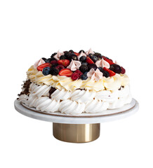 Pavlova cake with whipped cream cheese, chocolate sauce and fresh berries. Isolated on white background