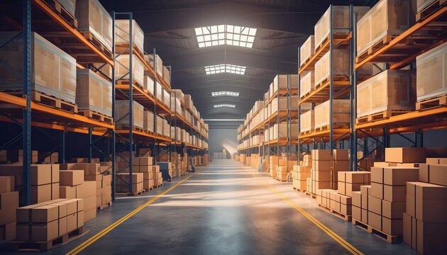 Vast Warehouse with Rows of Shelves Stacked with Boxes. Generative ai