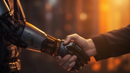 Closeup of Robot and Businessman Shaking Hands. Generative ai