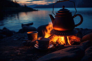 Vintage coffee pot on camping fire. Evening atmospheric background of campfire. Generative AI - obrazy, fototapety, plakaty