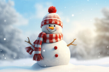 Obraz premium Happy decorated snowman in hat and scarf in winter snowy seasonal holiday. AI generated