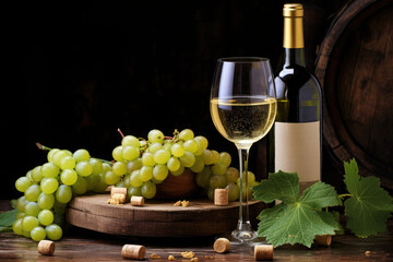 Fototapeta na wymiar Whie wine bottle, grape and wine glass near the wooden barrel. AI generated