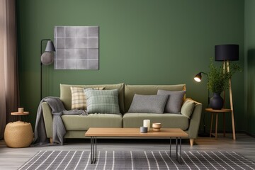 The living room interior is wonderfully decorated with a modern design, featuring a green wall, a sleek gray sofa, a coffee table, and tasteful personal accessories. There is a beige pillow and a