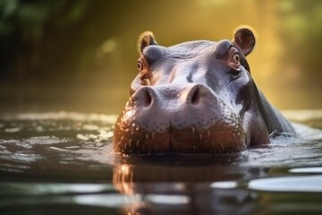 Fototapeta na wymiar Hippopotamus in the water at sunset